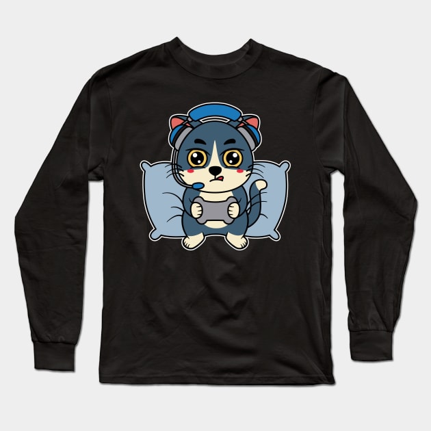 Cute Cat Gamer Playing Video Games Long Sleeve T-Shirt by Eluvity